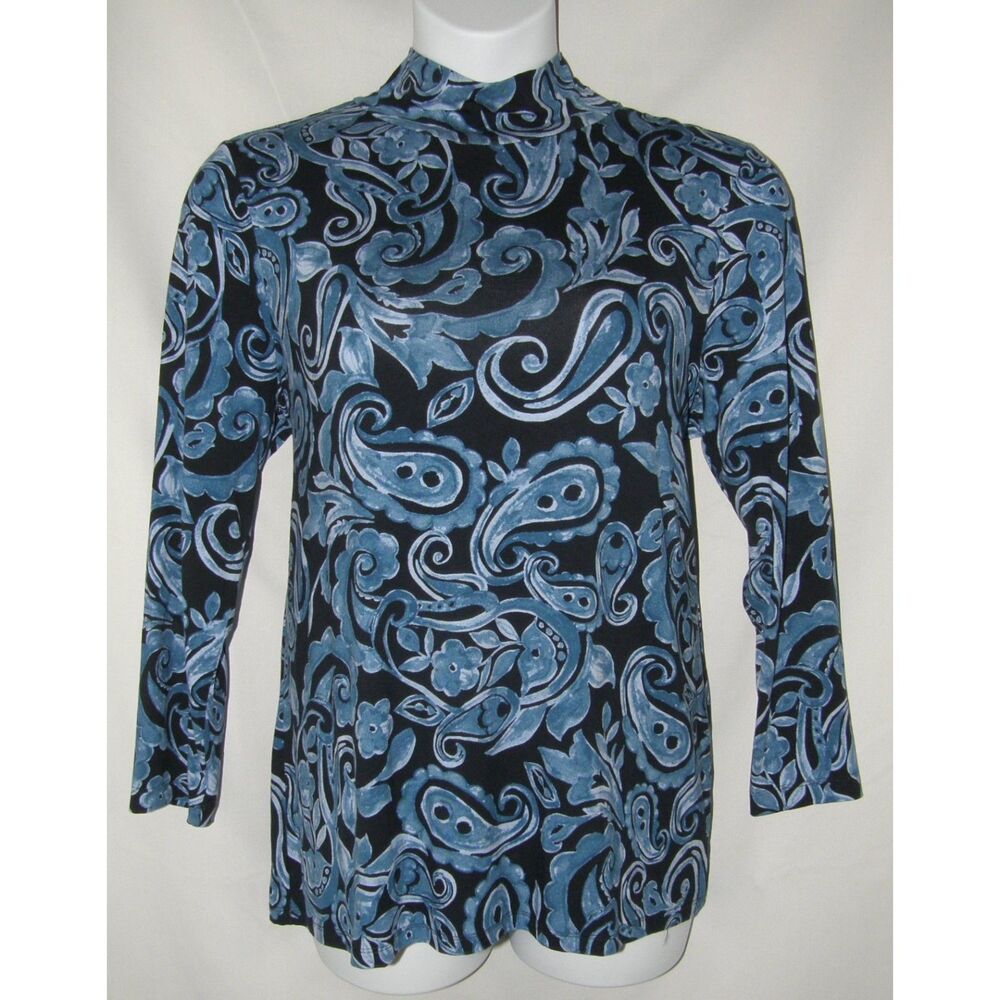 NEW Black & Blue Paisley Sz XL Soft Stretchy Long Sleeve Mock Neck Shirt CHICOS